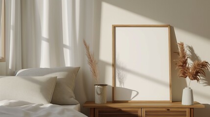 Frame mockup, minimalist modern bedroom background, wall poster frame