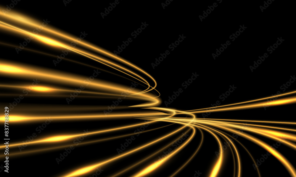 Poster abstract gold light fast speed curve dynomic motion on black background vector