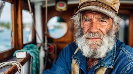  A tight shot of a bearded man in a blue shirt and boater hat on a boat Background includes a boat and expansive body of water