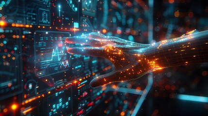 Naklejka premium Digital Technology Concept: Human Hand in Mesh Wireframe Interacting with Futuristic Touchscreen Interface with Glowing Data Lines