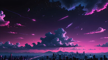 Capital city small night sky background with AI generated clouds