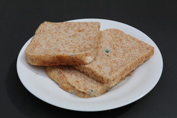 slices of moldy bread on a white plate with a dark background