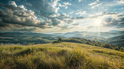 Obraz premium Scenic view of rolling hills and valleys under a cloudy sky