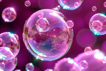 Naklejka premium A vivid, close-up photograph of iridescent soap bubbles reflecting light against a vibrant purple background, creating a dreamy and magical atmosphere.