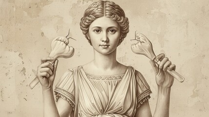 Saint Apollonia with Pincers and Tooth, Roman Backdrop, Courage and Serenity, Biblical Illustration, Beige Background, Copyspace