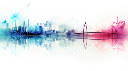 Fototapeta premium Abstract Watercolor Skyline with Reflective City Views