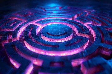 Close-up of an illuminated, glowing maze with pink and blue neon lights, creating a futuristic and abstract visual effect.