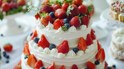 Delicious wedding or birthday cakes decorated with strawberries and fruits on a white background.