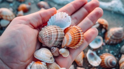 Hand Holding Colorful Seashells on a Sandy Beach at Sunset