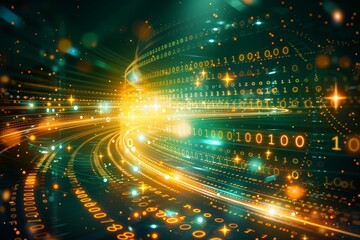A dynamic representation of data streams with binary codes and vibrant light trails, illustrating the concept of big data and digital technology.