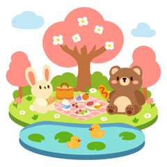 Adorable Spring Picnic with Woodland Animals. Cute Cartoon Art for Kids.