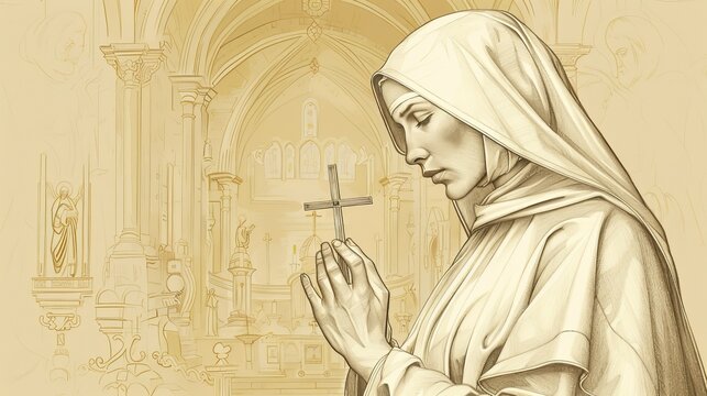 Saint Walburga's deep prayer, holding a cross, piety and devotion, serene church, beige background, Biblical Illustration, copyspace