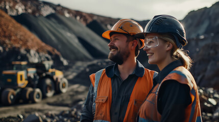 A man and a woman in orange vests and hard hats are discussing the construction of a road. Two workers in protective gear are smiling while chatting