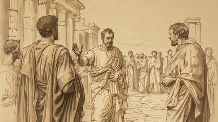 Fototapeta premium Saint Vitus's bravery and martyrdom, facing Roman persecutors, calm expression, dramatic Roman background, beige background, Biblical Illustration, copyspace