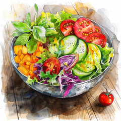Colorful watercolor vegetable salad in a bowl with tomatoes, lettuce leaves and cucumbers on a wooden table