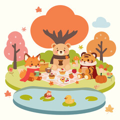 Fototapeta premium Adorable Woodland Creatures Enjoying Autumn Picnic.Cartoon Forest Animals Picnic Illustration for Kids.