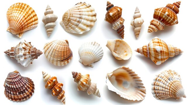 a variety of seashells on a white background
