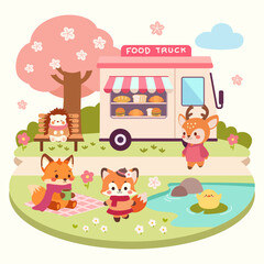 Cute Woodland Animals Enjoying a Food Truck Picnic. Adorable Kids Illustration. Cartoon Scene with Forest Friends and Food Truck.