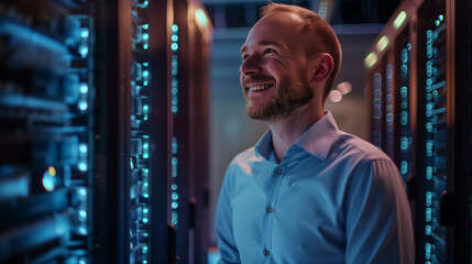 The administrator of the data center. A man stands in front of a row of computer servers, smiles and looks at the screens