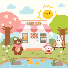 Adorable Woodland Animals at a Charming Bakery. Cute Kids Illustration. Bear, Bunny, and Ducklings at Bakery.