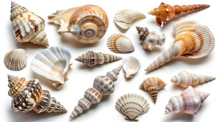 a variety of seashells on a white background
