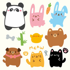 Cute Animal Cartoon Collection. Adorable Animal Doodles.Kawaii Characters for Kids.