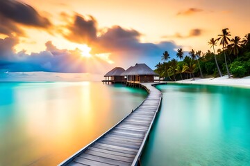 Obraz premium Sand dunes on the beach at sunset beautiful tropical island with palm trees and beach panorama illustration
