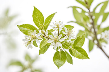 Close-up of delicate white flowers with green leaves on a branch