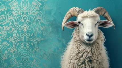Naklejka premium Eid al adha mubarak greeting card featuring a charming white ram on a blue background – traditional muslim holiday celebration with sheep – eid al adha concept banner with space for text