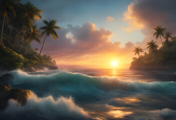 Fototapeta premium beautiful sunset over the beach and waves, palm trees showing in the background, beach scene background