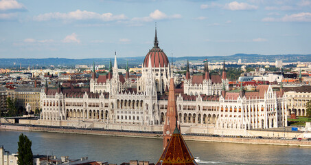 Hungarian parliament building panorama. Gothic architectural landmark building in Budapest, Hungary