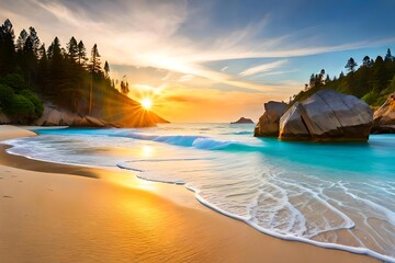 Sand dunes on the beach at sunset beautiful tropical island with palm trees and beach panorama illustration