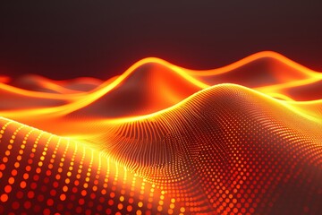 Vibrant abstract representation of red and orange waves composed of digital dots, creating a futuristic and dynamic visual effect.