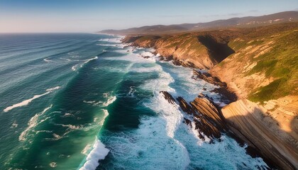 Aerial view of dramatic coastal cliffs with rugged rock formations, pounded by powerful ocean waves under a golden sunset. 