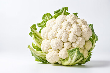 Fresh Cauliflower Head with Green Leaves on White Background