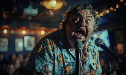 Obraz premium Obese comedian telling jokes in a comedy club.