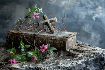 Cross on book with flower vine