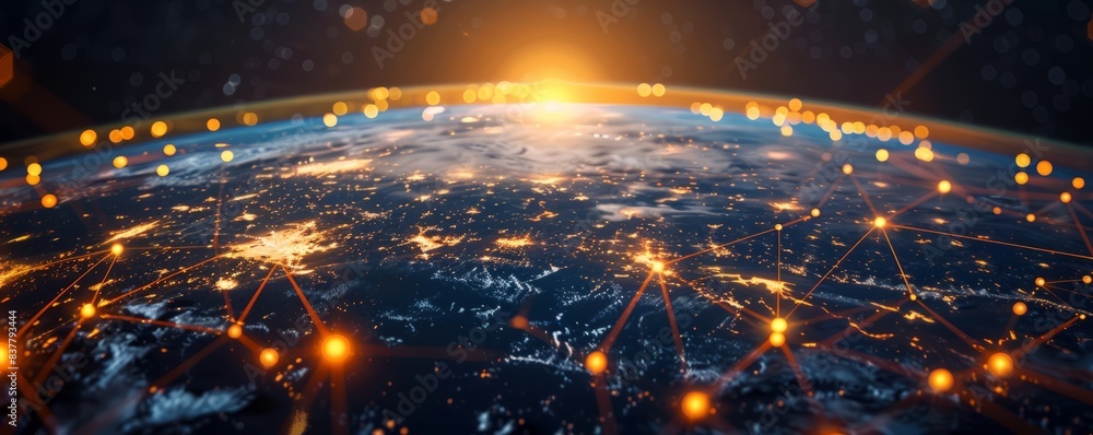 Poster generative ai illustration of glowing planet with yellow network connecting cities on black backgrou