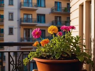 Burst of colors on the balcony as flowers flourish in pots, creating a cheerful ambiance.