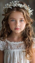 Fototapeta premium Young girl wearing a white spring dress and a flower wreath in her hair.
