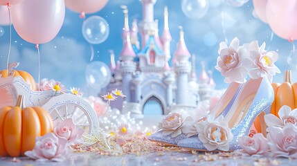 princess castle including pumpkin carriage. High-heeled glass shoes Decorated with balloons and pastel flowers for birthdays