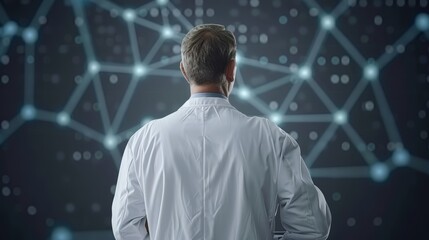 Fototapeta premium A man in a white shirt faces a background of interconnected lines and dots, forming a network
