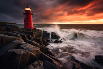 Obraz premium Majestic Lighthouse Overlooking Stormy Seas at Sunset