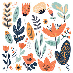 Colorful assortment illustrated flowers leaves. Artistic handdrawn botanical elements, floral design. Vibrant hues nature, stylized plant motifs ideal spring summer themes