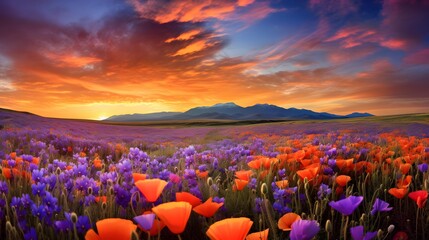 Beautiful panoramic landscape of blooming poppy field at sunset