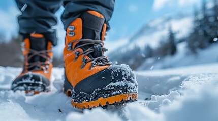 Sturdy climbing boots stand on a snowy surface