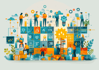Naklejka premium Modern Web Development Team Collaboration, Minimalistic Vector Illustration, Creative Office Environment, Teamwork and Web Design Concept, Diverse Professionals Working, Technology and Innovation
