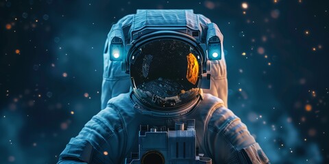 unrecognizable astronaut in protective Extravehicular Mobility Unit with backpack and reflecting helmet