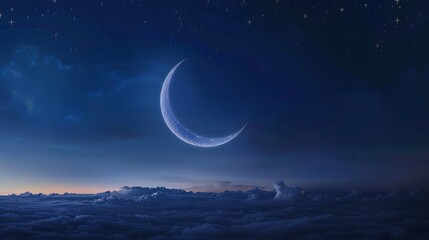 Crescent moon and star on panoramic dark blue twilight sky for ramadan kareem, eid mubarak, eid al-adha, eid al-fitr, and islamic new year background design