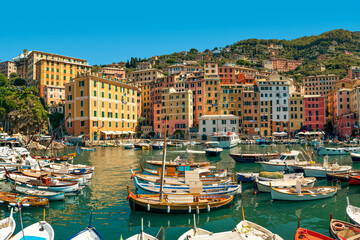 Boats and colorful housesin small town of Camogli, Italy.